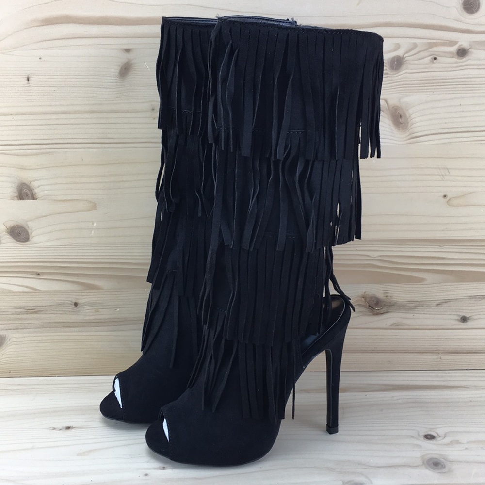 Qupid Glee-168 Faux Suede Layered Fringe Black NIB